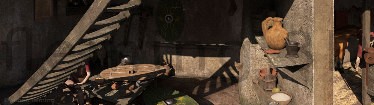 3D renders of a Roman stable barrack.