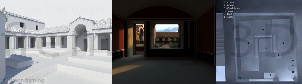 3D design sketches of a Roman dining room.