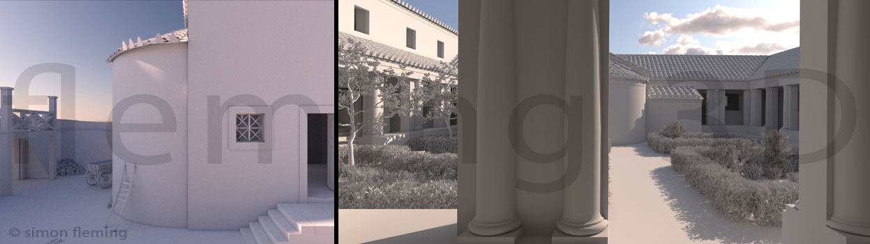 3D white model renders of Roman buildings.